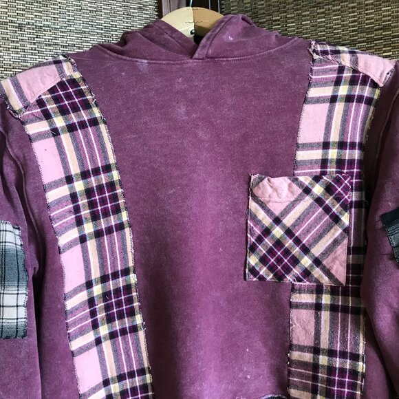 Upcycled Patchwork Hoodie, S-M: Distressed Magenta Grunge Sweater, Campus Style - Picture 11 of 16